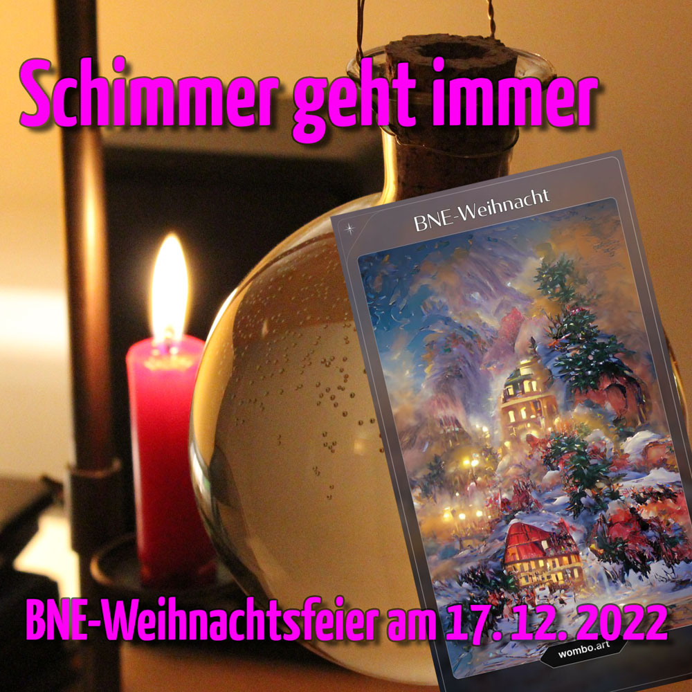 Weihnachtliches Stimmungsbild mit Kerze, Glaskugel und BNE-Weihnachtskarte.